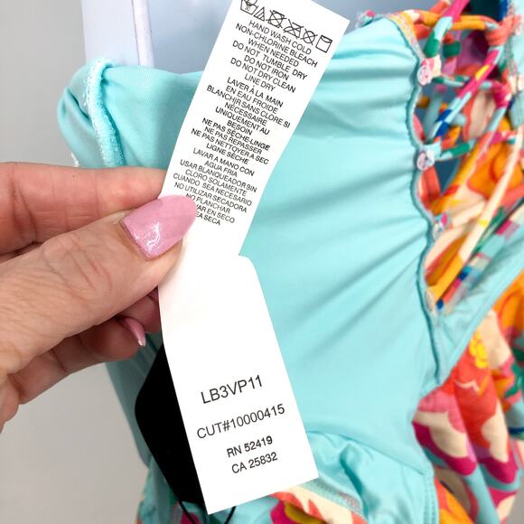 LA BLANCA Breezy Beauty One-Piece Swimsuit 8 Blue Ruffle Off the Shoulder NWT - Picture 10 of 11